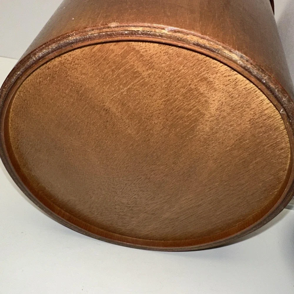 Vintage Wood Ice Bucket W/ Tongs Brass Handles Mid Century 11